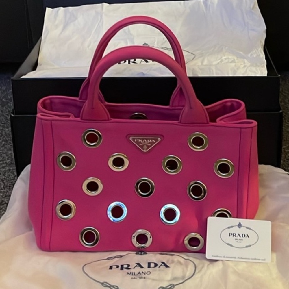 🆕 PRADA CANAPA Hot Pink & Silver Grommet NEW NIB NWT AUTHENTIC